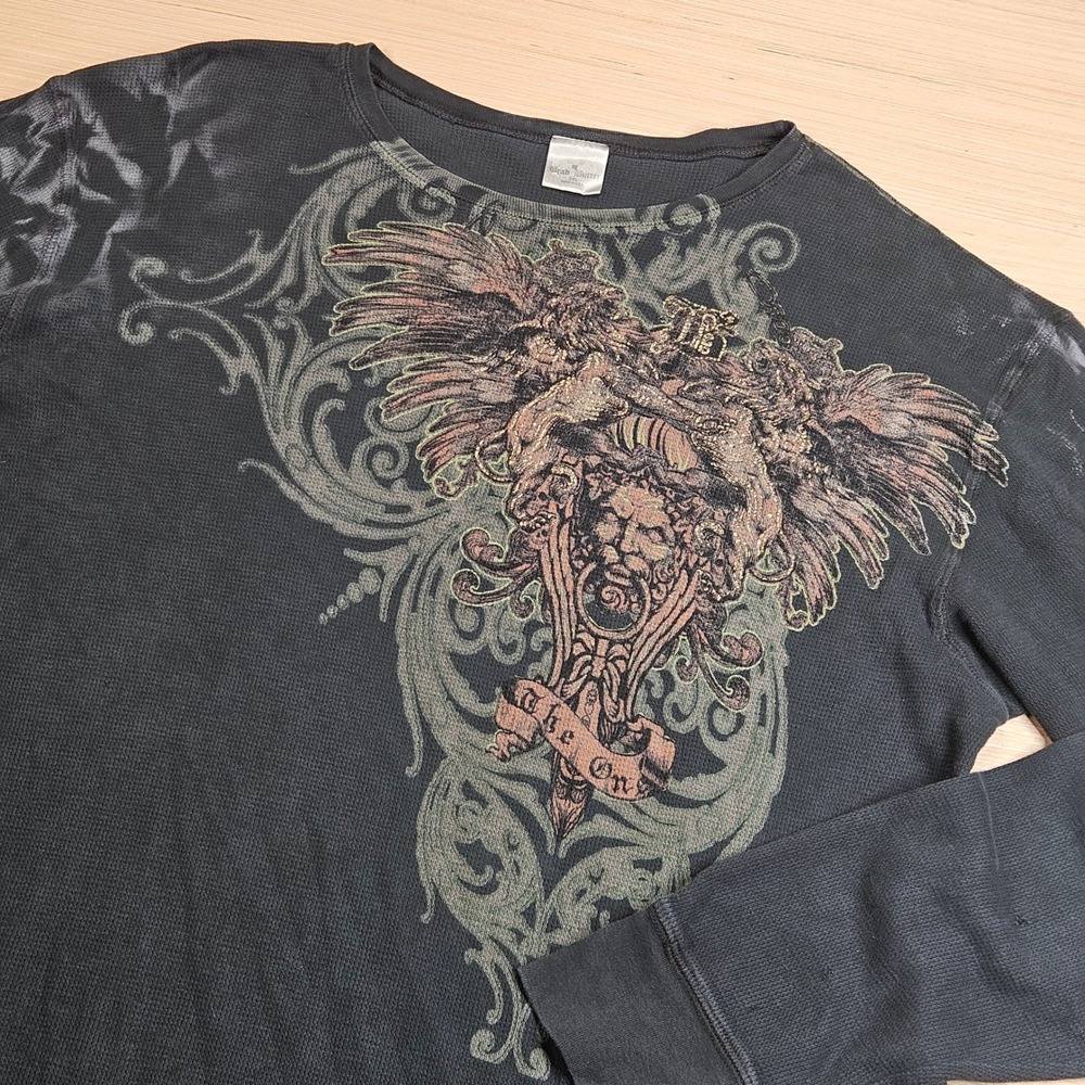 Y2K Bread & Butter Thermal Shirt Mens 2XL Black Graphic MMA Grunge Biker